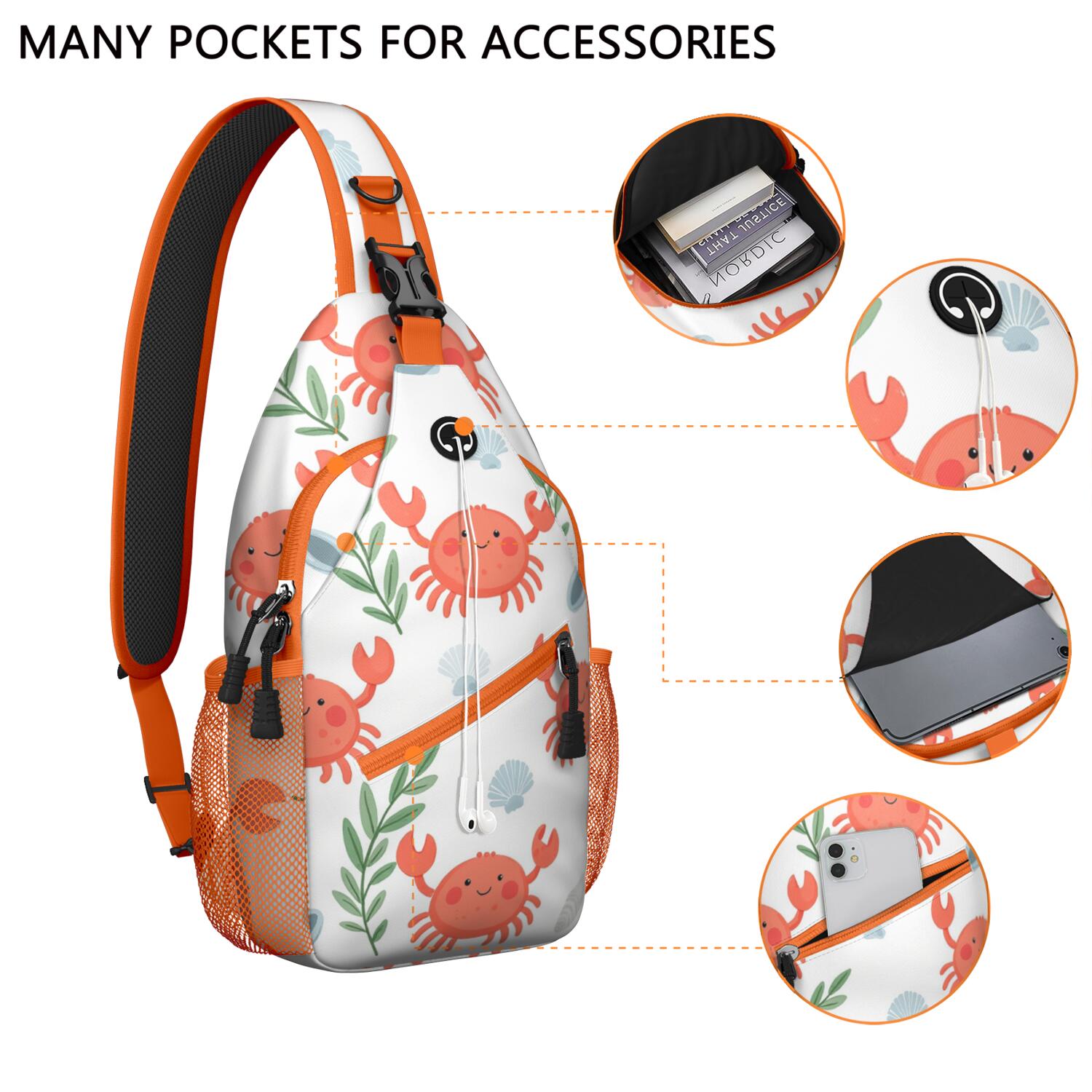 Marine Crab Sling Bag for Women Men Hiking Sling Backpack Chest Bag for Outdoor Activities Gym Small Travel Backpack Gym Sports Travel Hiking Daypack