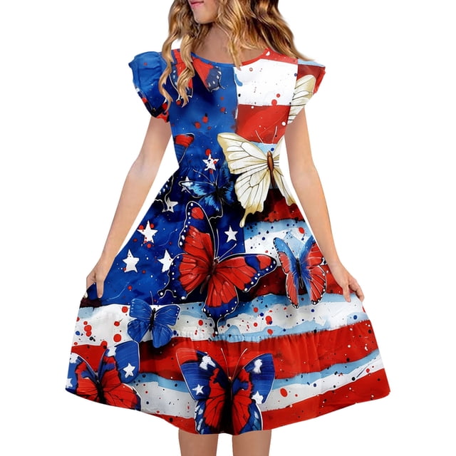 Odeerbi Niñas Día de La Independencia A-Línea Vestido Acampanado Verano Patriótico Estrella Raya Cuello Redondo Vestido Casual Con Bolsillos