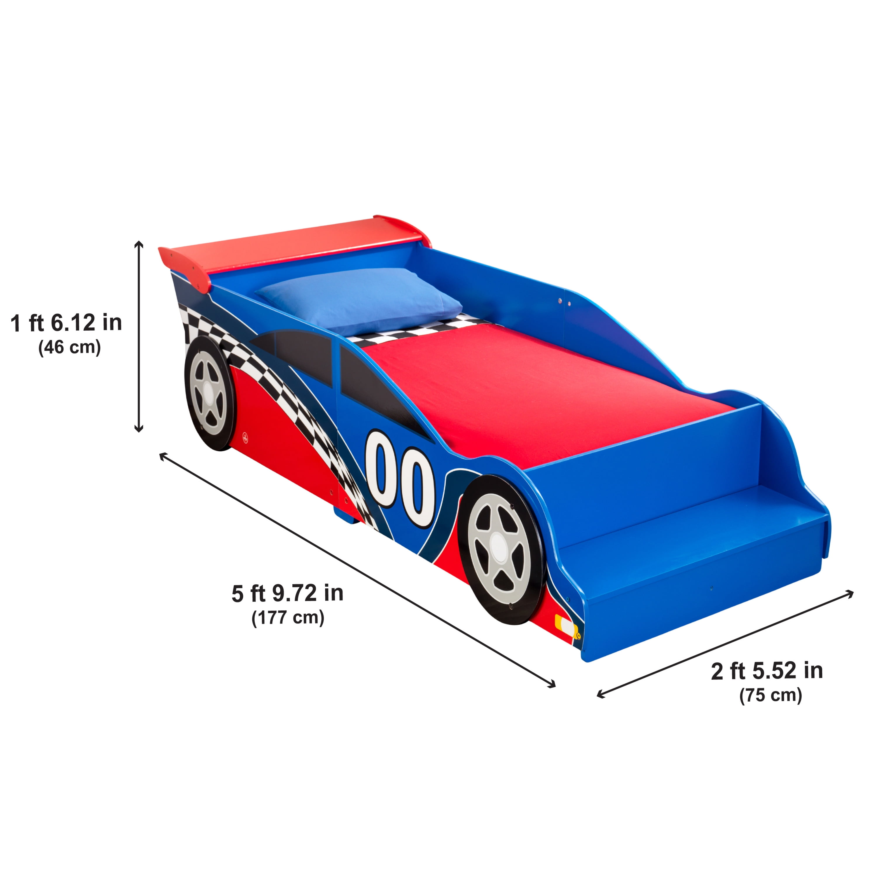 KidKraft Wooden Racecar Toddler Bed with Built-In Bench and Bed Rails - Red and Blue