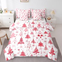 Manfei Kawaii Xmas Tree 7-Piece Bedding Comforter Set,Happy New Year King Bedding Sets,Red White Snowflake Bed Sheets For Girl Boy,Luxury Bedroom Decor Reversible