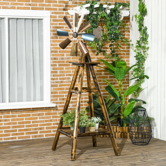 Dranite Windmill Weather Vane with Bottom Shelf – Rustic Steel Head, Stained Solid Wood