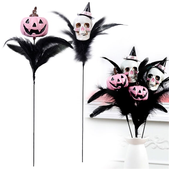 CHENjy Halloween Picks, Gothic Skull and Pumpkin Floral Stems with Feathers, 18 Inch Creepy Table Centerpiece for Vase and Mantel Decor, 1 Pcs, Pink