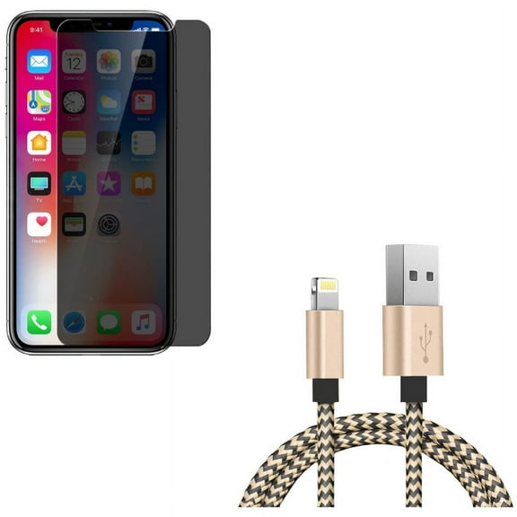 iPhone XS/X - Tempered Glass Privacy Screen Protector w 3ft USB Cable - Curved Anti-Spy Anti-Peep 3D Edge Case Friendly, Charger Cord Power Wire Sync Braided