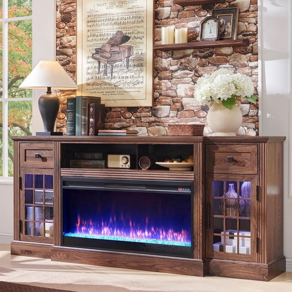 IFMUST LED Fireplace TV Stand for TVs up to 80", Farmhouse Entertainment Center with 36" Electric Fireplace and Storage Drawer,Brown