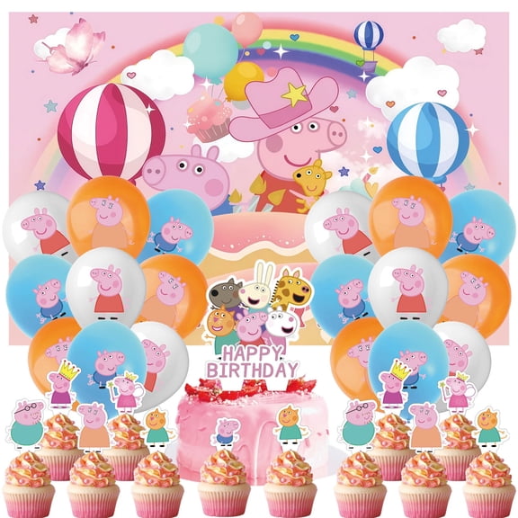 32 PCS For Peppa Pig Cartoon Theme Party Decorations Set,With 5*3ft Birthday Backdrop Decorations,18 Balloons,13 Cupcake Toppers Balloons,for Boy Girls Party Supplies Set