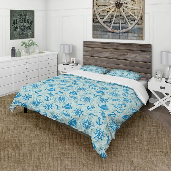 Designart 'Marine sign, compass, anchor, wheel' Coastal Duvet Cover Set
