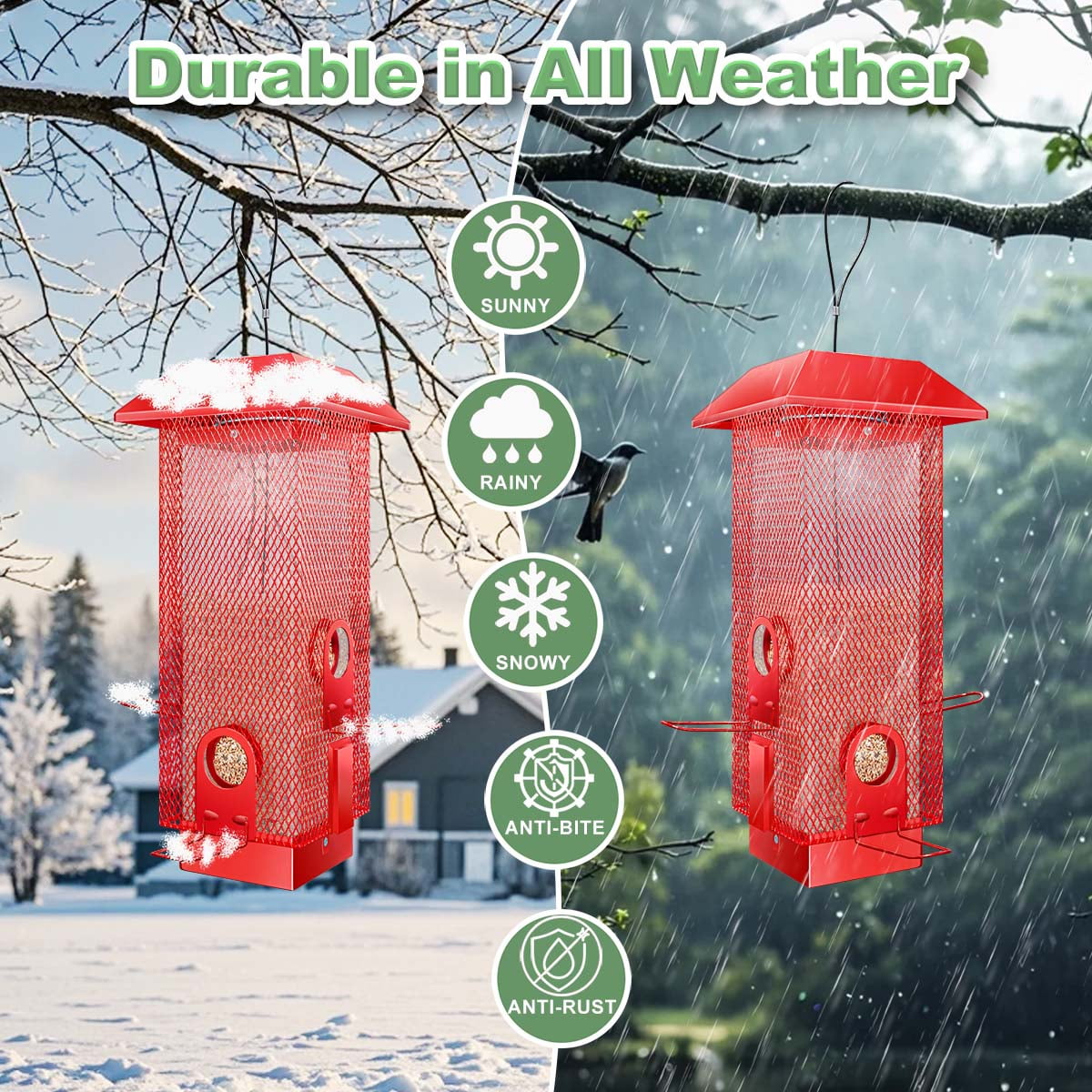 YLTIMER Squirrel Proof Bird Feeder, Metal BirdFeeders for Outdoors Hanging with Detachable Roof, 2.2lb Gravity Protection Wild Birds Seed Feeders for Cardinal Blue Jay Outside