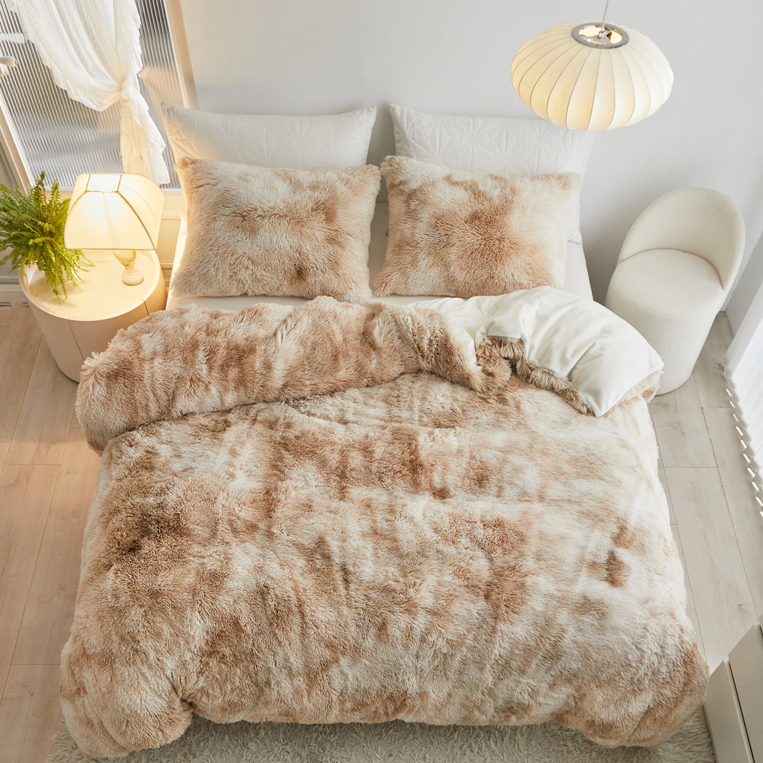 Wajade Plush Duvet Cover Set Fluffy Fuzzy Comforter Cover Set (1 Duvet Cover + 2 Pillow Shams) Full Size,Camel Tie-dyed