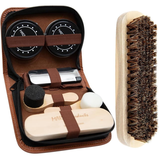 Kit de betún para zapatos MARZ de 7 piezas portátil con cepillo de crin de caballo