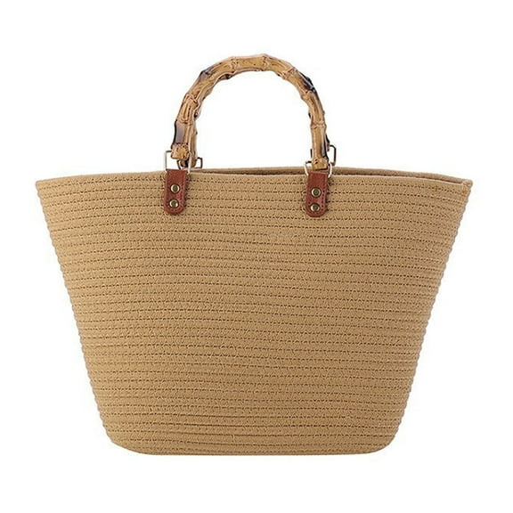 Women Straw Large Tote Bag Retro Bamboo Handle Strip Beach Handbag Summer Woven Handmade Elegant Travel Purse - khaki