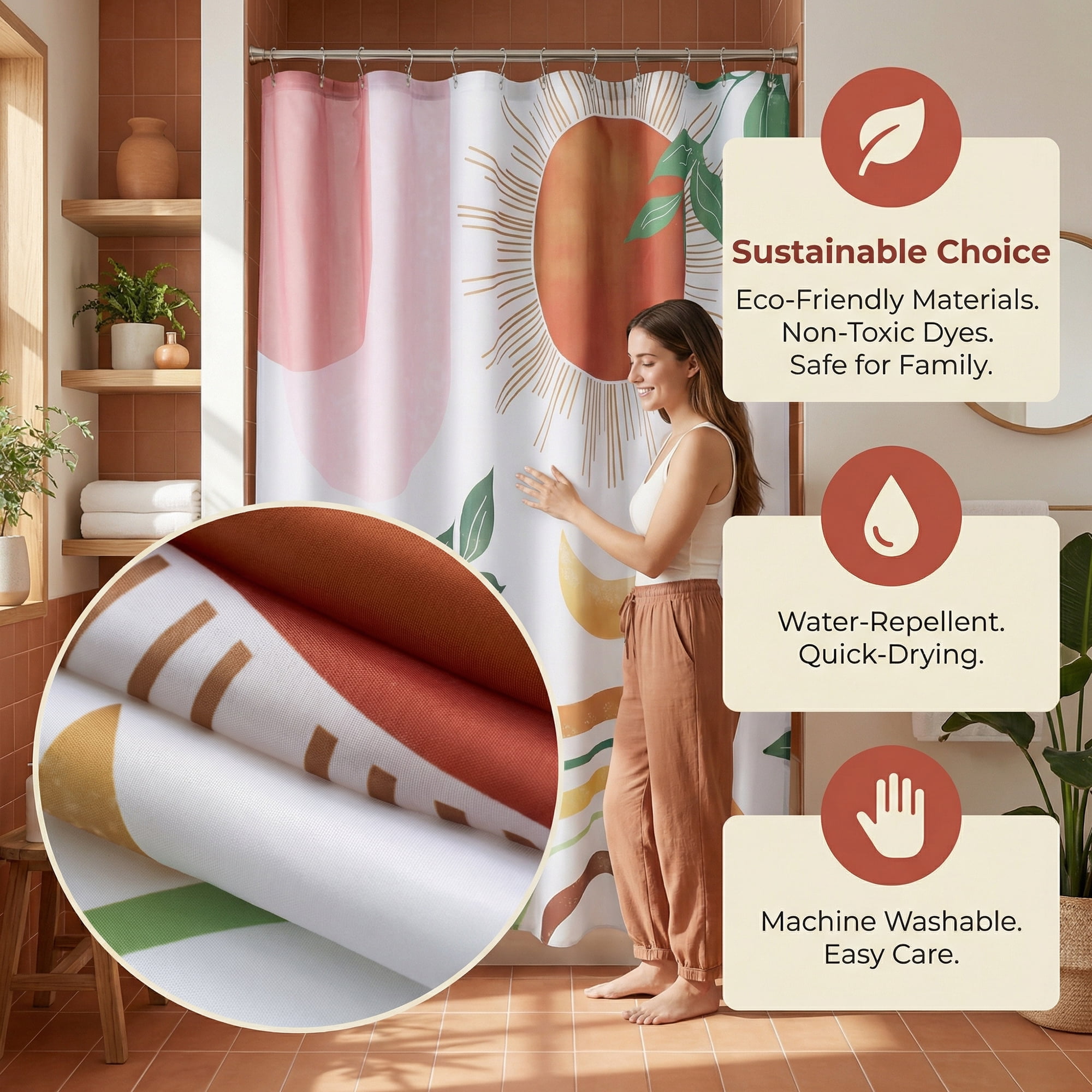 Unique Bargains Leaf Print Shower Curtain Bohemian Waterproof Set Pink Orange 71"W x 71"L