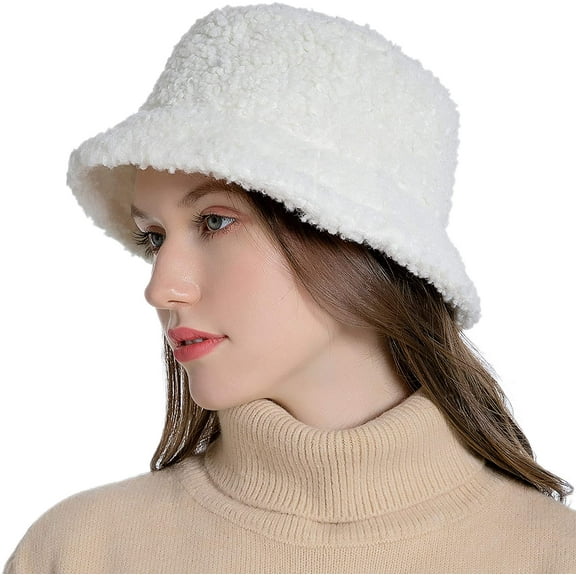 Muryobao Women Winter Bucket Hat Vintage Cloche Hats Warm Faux Fur Wool Outdoor Fisherman Cap White