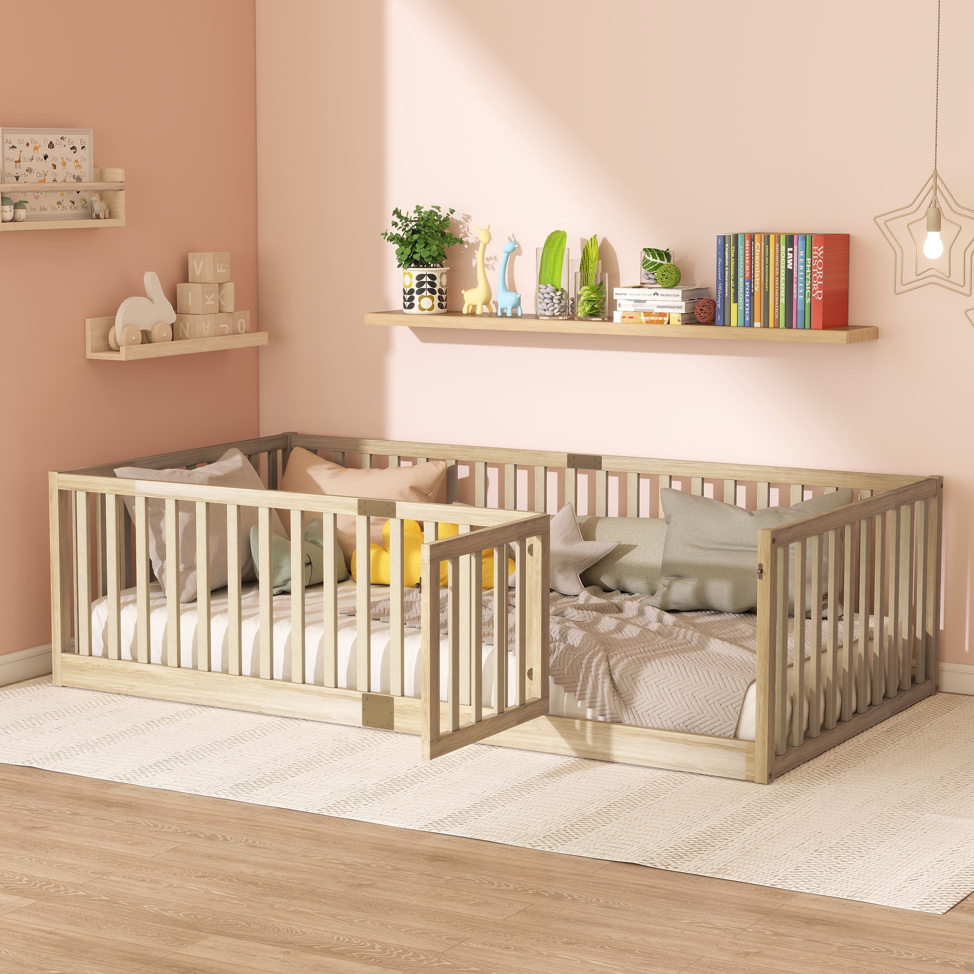 Twin Size Rubber Wood Floor Bed with High Fence & Door, Montessori Floor Bed with Safety Guardrails, Natural Finish, No Box Spring Needed