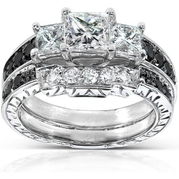 Dazzlingdaimonds Jewels 925 Sterling Silver 2.00 Ct Princess Cut White & Black Diamond Wedding Engagement Valentine's Anniversary Christmas Bridal Ring Set 14K White Gold Plated For Women's -10