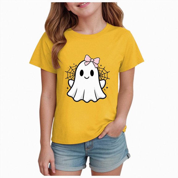 Gubotare Halloween Clothes for Girls Girl's Short Sleeve Summer Shirts Top Casual Cute Crew Neck Blouses Tops Size 9-10 (Yellow,9-10 Years)