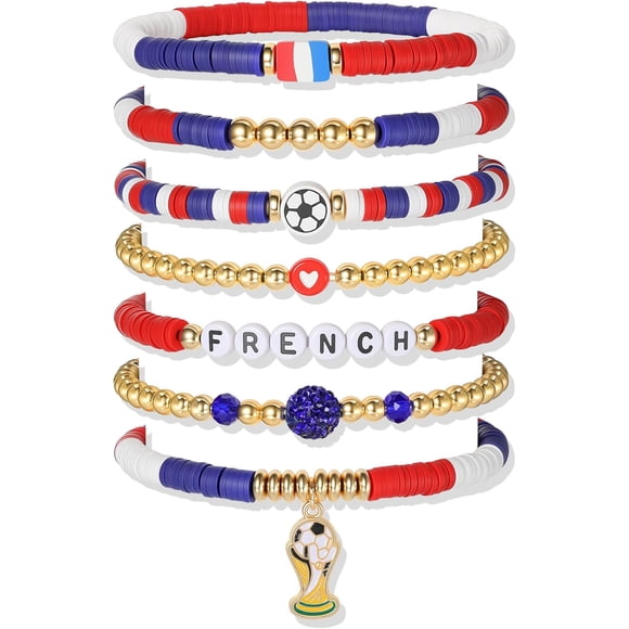 YanonmyfdWorld Soccer Game-day Cup Bracelet Stack Set 7pcs Softball/Baseball/Basketball/Soccer/Volleyball/Tennis/Football Stretch Sports Fans Jewelry Sports Beaded Bracelets with Charms,S-French