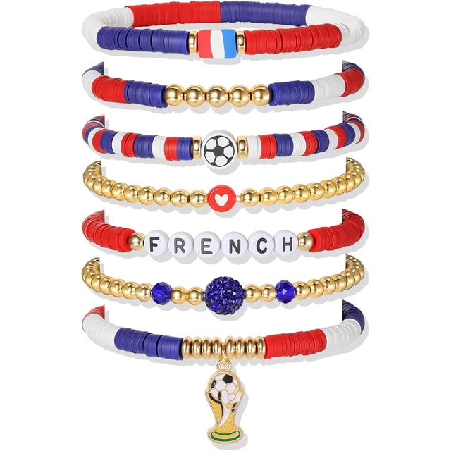 YanonmyfdWorld Soccer Game-day Cup Bracelet Stack Set 7pcs Softball/Baseball/Basketball/Soccer/Volleyball/Tennis/Football Stretch Sports Fans Jewelry Sports Beaded Bracelets with Charms,S-French