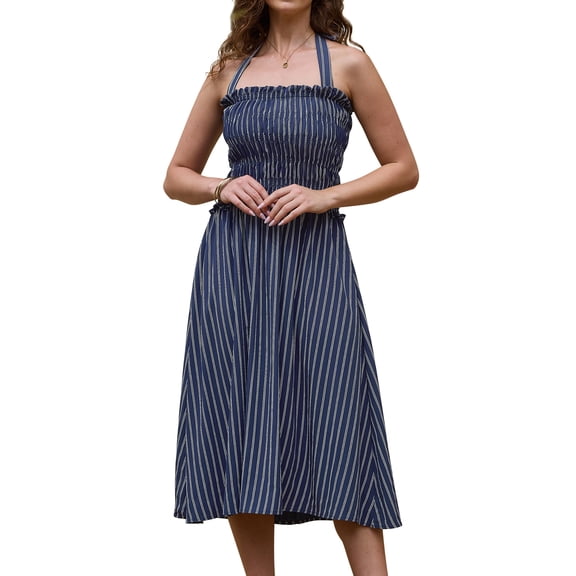INSPIRE CHIC Midi Dress for Women Halter Neck 2026 Summer Smocked Striped Dresses XL Dark Blue