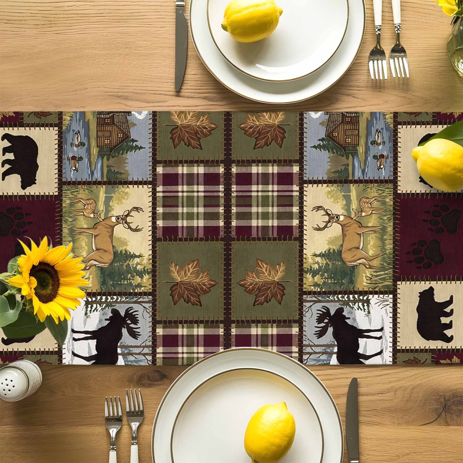 Boho Bear Deer Table Runner 18x72 Inch Rustic Cabin Country Forest Mountain Leaf Cotton Linen Dining Table Runner Ideal for Dresser Kitchen Coffee Tables - Machine Washable