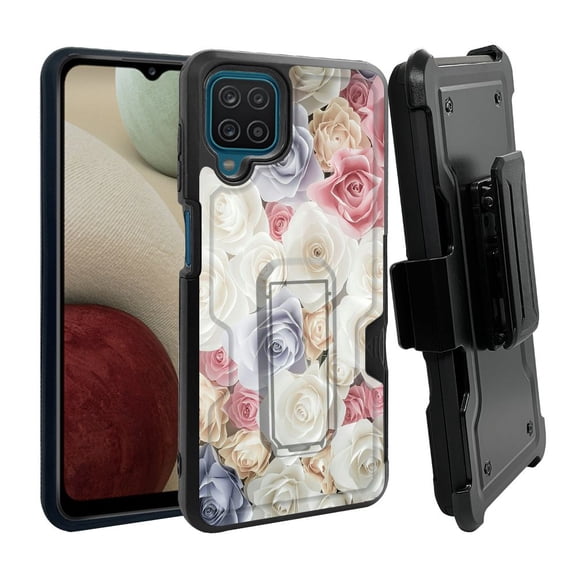 ANJ  Rugged Dual Layer Shockproof Holster Case w/Card Slot, Kickstand   Tempered Glass for Samsung Galaxy A12 - Silky Roses