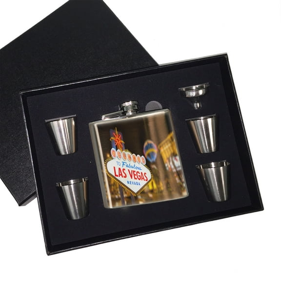 KuzmarK 6 oz. Stainless Steel Flask Set in Black Presentation Box -  Fabulous Las Vegas
