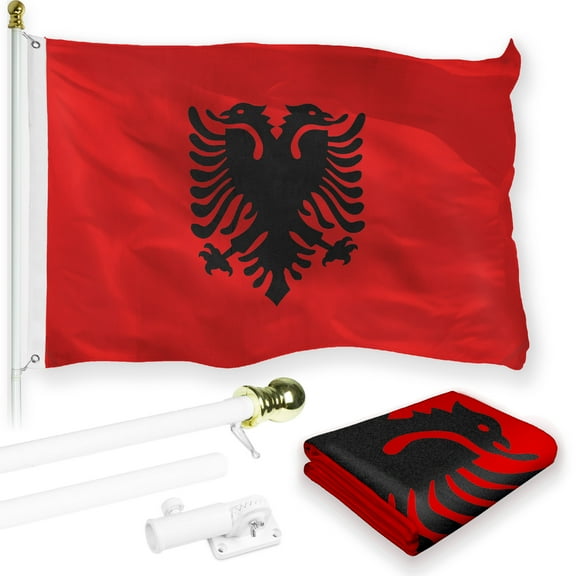 G128 Combo Pack: 6 Feet Tangle Free Spinning Flagpole (White) Albania Flag 3x5 ft Printed 150D Brass Grommets (Flag Included) Aluminum Flag Pole