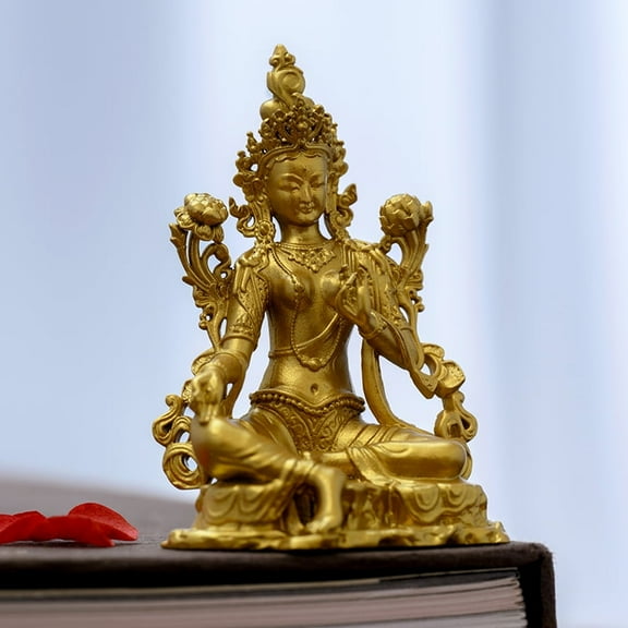 Handcrafted Green Tara Buddha Statue Golden Brass 2.72in Safety & Kindness Perfect Gift for Meditation