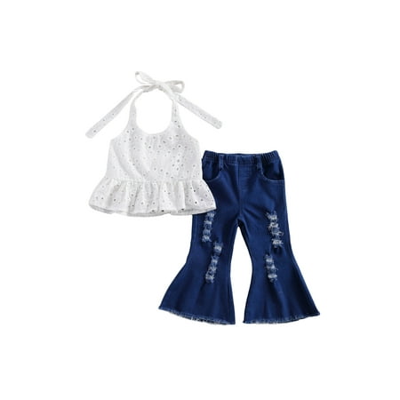 

Mioliknya 2 Pcs Girl s Suit Halter Hollowed-Out Camisole Top Ripped Bell-Bottomed Jeans