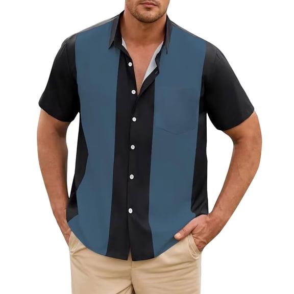 Men's Vintage Bowling Shirt Short Sleeve Button Down Summer Cuba Beach Shirts Royal Blue 4XL