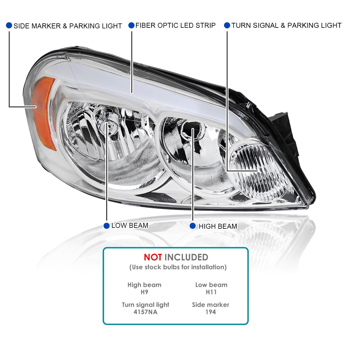 Spec-D Tuning Chrome Headlights w/ LED Strip Compatible with 2006-2013 Chevy Impala, 2006-2007 Monte Carlo, Left + Right Pair Headlamps Assembly