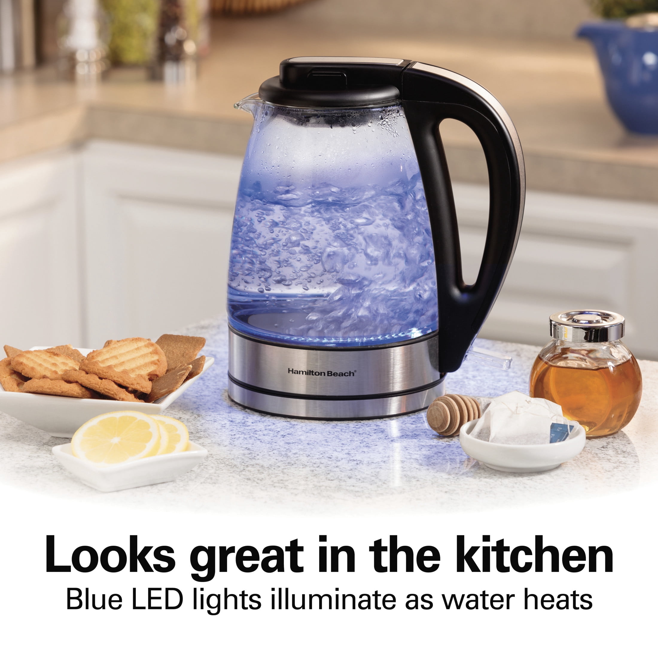 Hamilton Beach Glass Electric Kettle, Tea & Water Kettle with LED Light Ring, 1.7L