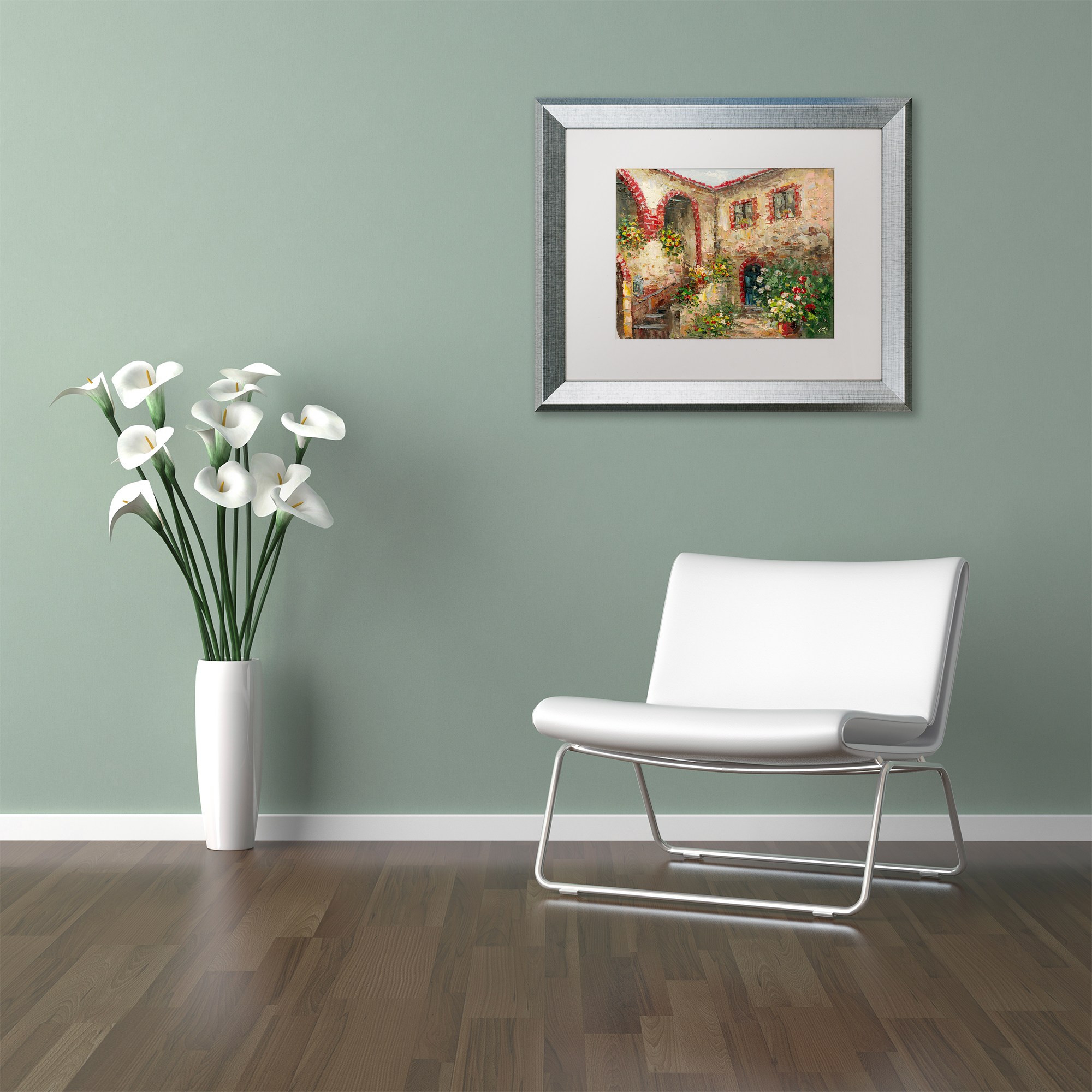 Trademark Fine Art "Tuscany Courtyard" Canvas Art by Rio White Matte, Silver Frame