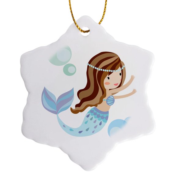 3drose, Cute Dark Haired Mermaid in Blue Illustration, 3 inch Snowflake Porcelain Ornament