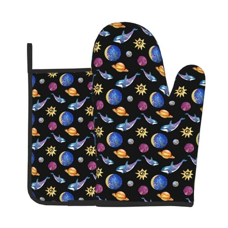 

Zeuib Whales In Space Print Oven Mitt & Pot Holder Set 2-Pack Kitchen Gloves and Hot Pads for Cooking BBQ Grilling Baking