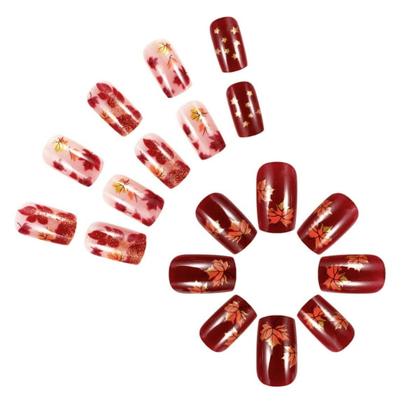 24pcs Short Square Press On Nails with Maple Leaves Designs Stick on Nails Manicure for Thanksgiving and Fall Event