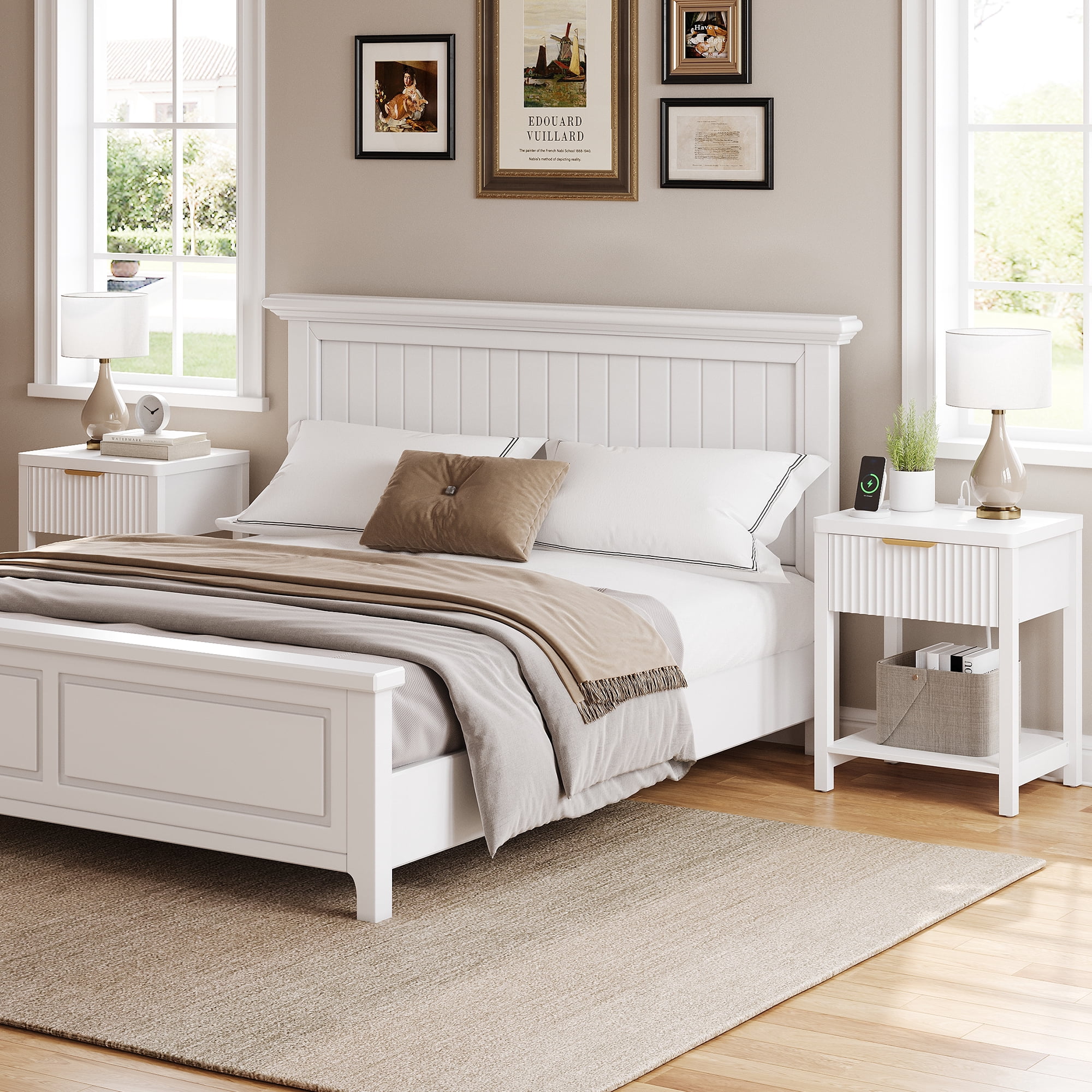 Laintene Nightstand for Bedroom Set of 2, Fluted Bedside Table with 2 AC Outlets & USB/Type-C Ports, Single Drawer & Open Shelf, Minimalist Wood End Table for Living Room, White