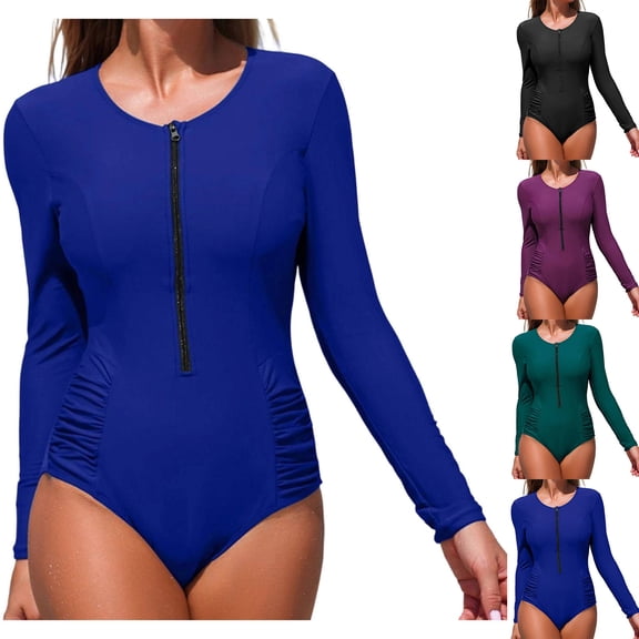 BiZtdJrK Women's Surfing Swimsuits Zip Up Long Sleeve One Piece Swimsuit Side Ruched Tummy Control Bathing Suit Blue S