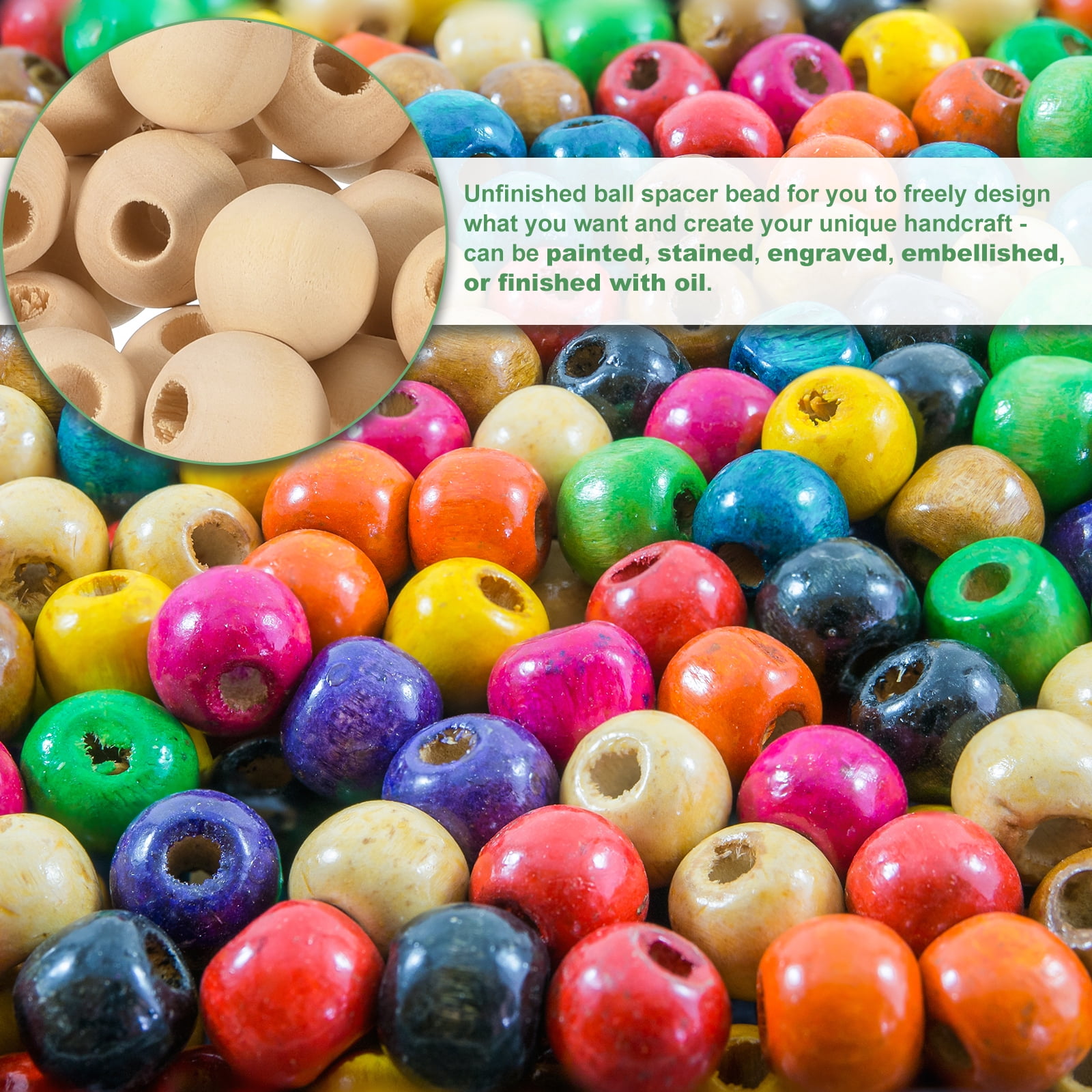 200Pack 18mm Natural Wood Spacer Beads, 5mm Large Hole Unfinished Round Wooden Beads