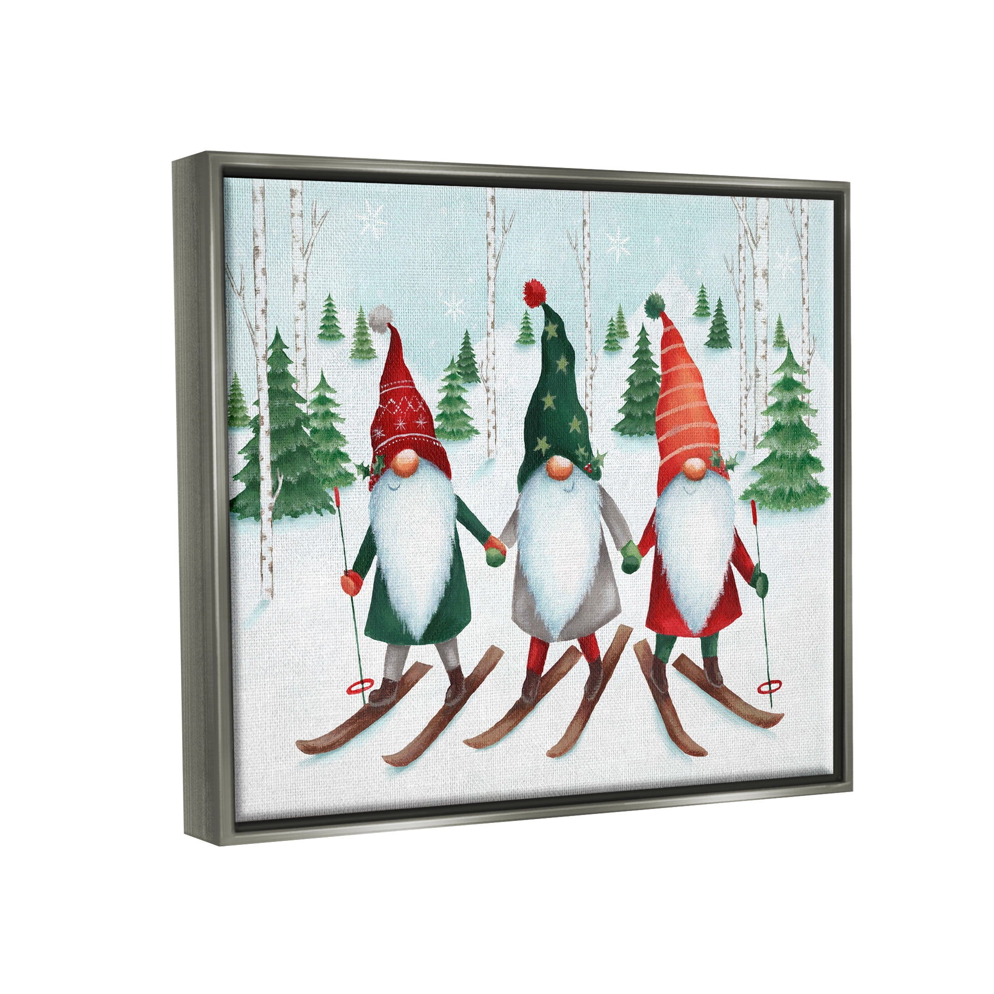 Stupell Industries Gnome Trio Skiing Holiday Painting Gray Floater Framed Canvas Art Print Wall Art, 31 x 25