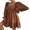 thumbnail image 3 of Womens Mini A-Line Dress Sexy Long Sleeve Square Neck Smocked Ruffle Plain Dresses Apricot XL, 3 of 5