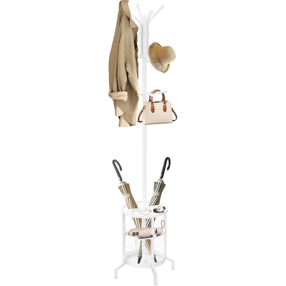 Coat Rack Freestanding, Coat Stand with Umbrella Holder, Metal Coat Tree with 12 Hooks, Coat Hanger Stand for Entryway, Coat Rack Stand for Bedroom, Living Room & Office