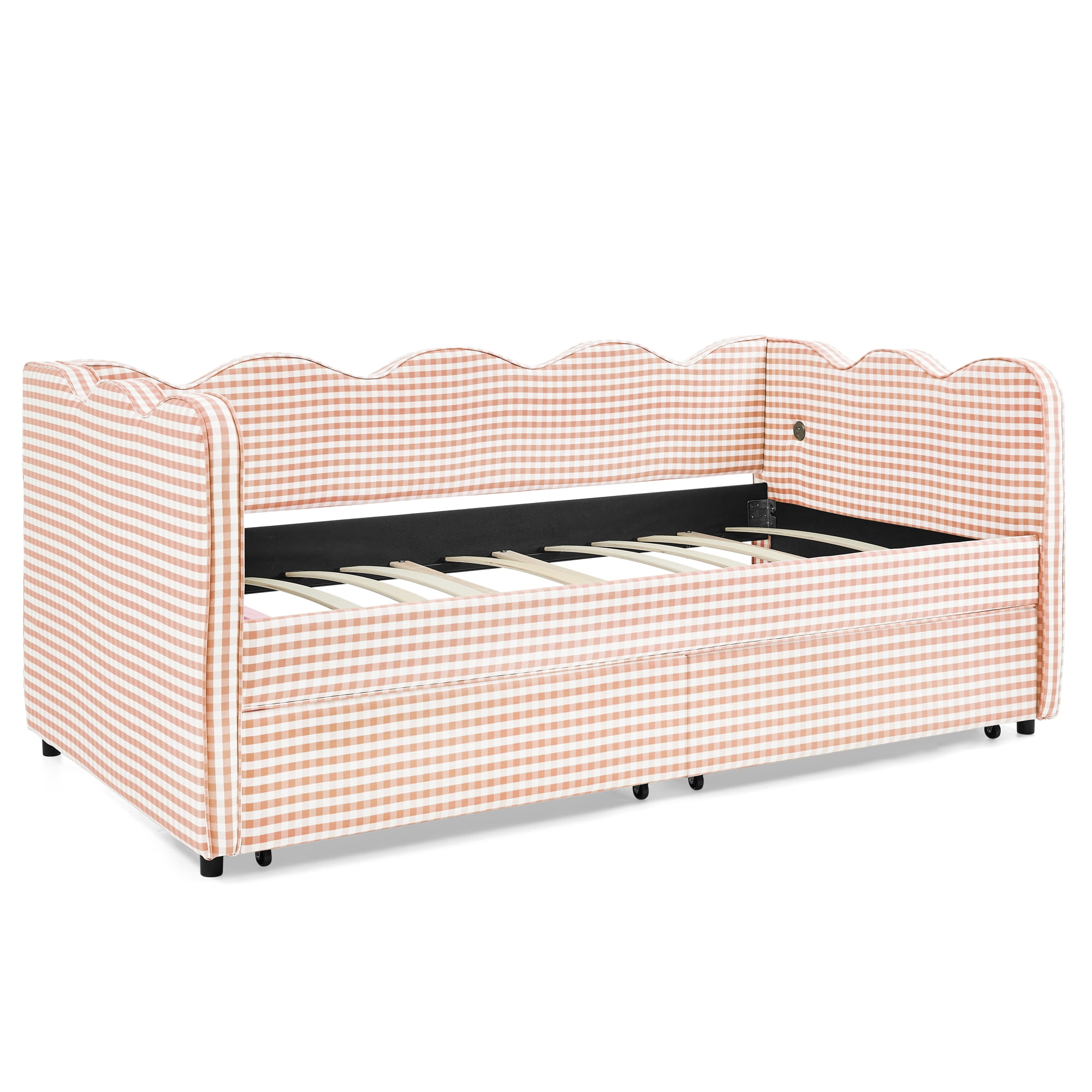 GARITIN Twin Size Daybed with 2 Storage Drawers, Gingham Sofa Bed with USB Port and Wavy Headboard for Kids Room, Pink