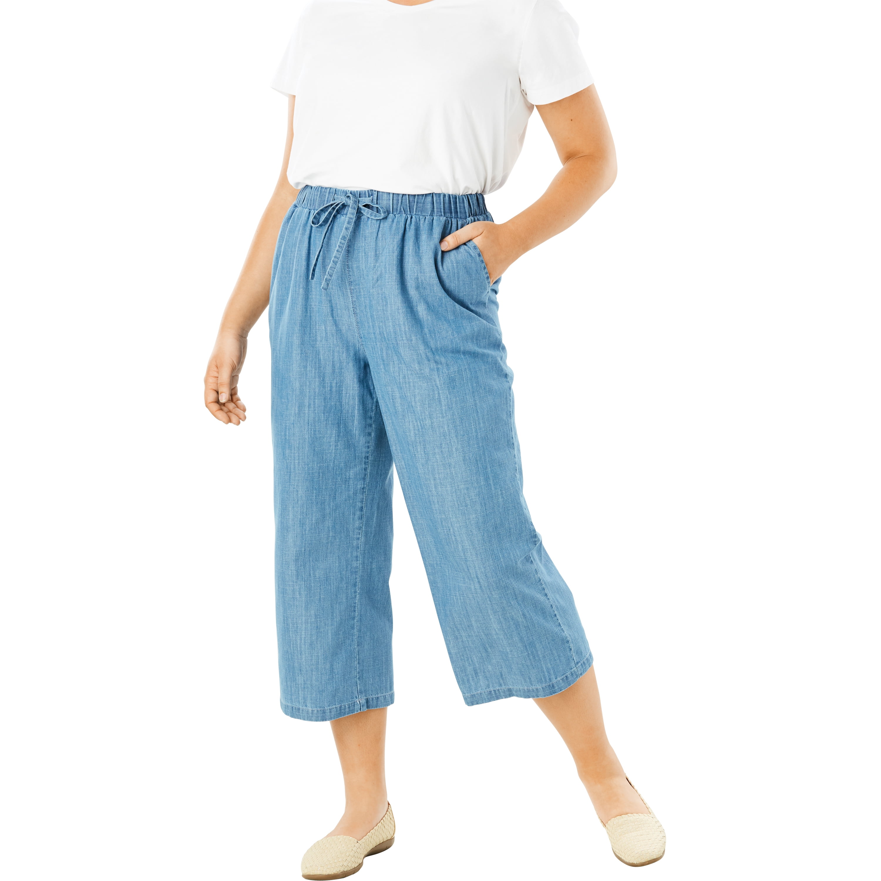 Woman Within Woman Within Women's Plus Size Drawstring Chambray Relaxed Capri