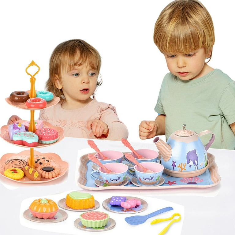 CSCHome Baby Girls Tea Party Set Toys Kids Cupcake Stand Food Pretend Play Accessories Toddler Dessert Stand Tea Pots Tea Cups Dishes Cake Dessert