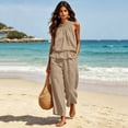 thumbnail image 6 of Linen Sets for Women 2 piece Sleeveless Ruffle Top Wide Leg Pants Matching Set Summer Beach Vacation Outfits,Khaki,S, 6 of 7