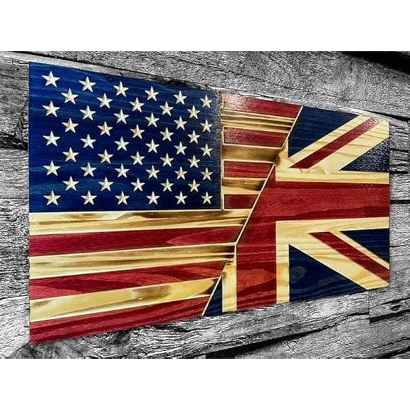 United Kingdom Half USA Wooden American Flag Union Jack UK British England Rustic Wall Art BannernHandmade Gift Wooden Flag, Wood Art, Wall Art (36 x 19 INCH)