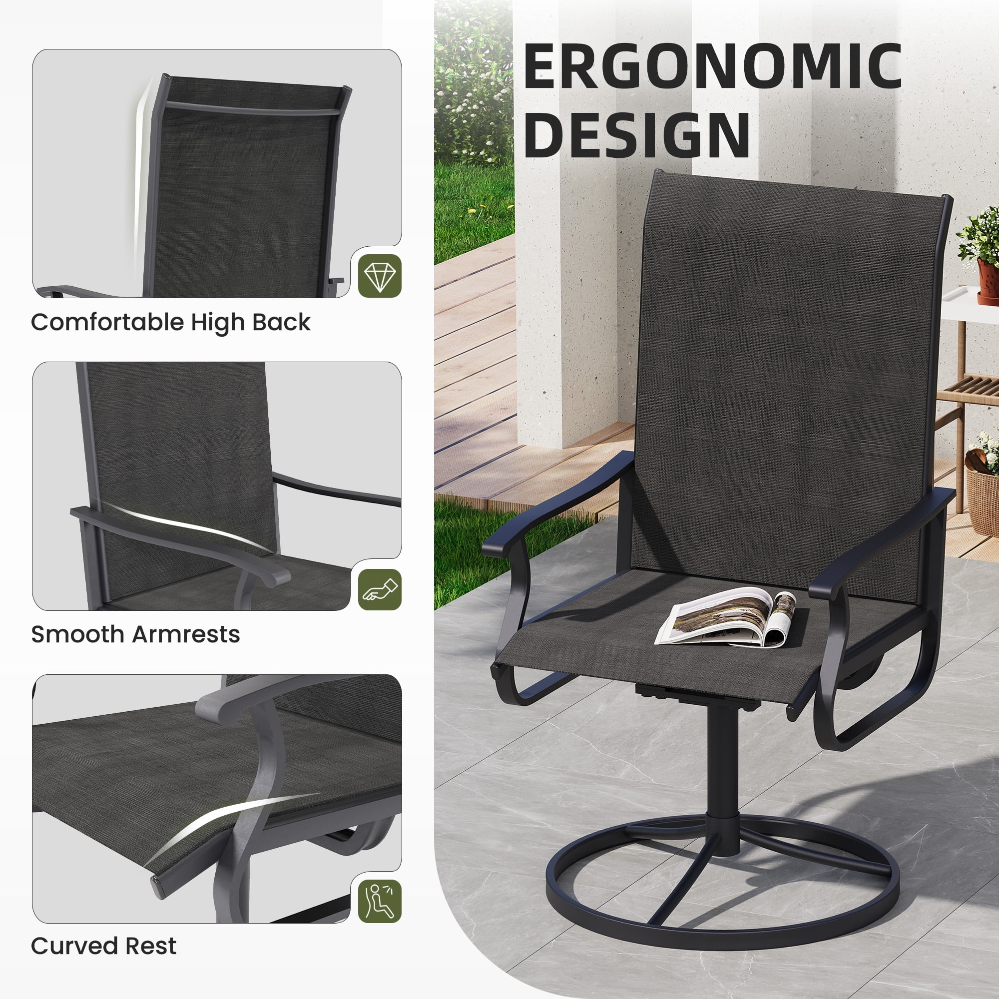 ELPOSUN Patio Swivel Chairs Set of 8, Outdoor Dining Chairs High Back All Weather Breathable Textilene Outdoor Swivel Chairs with Metal Rocking Frame for Lawn Garden Backyard Deck，Black