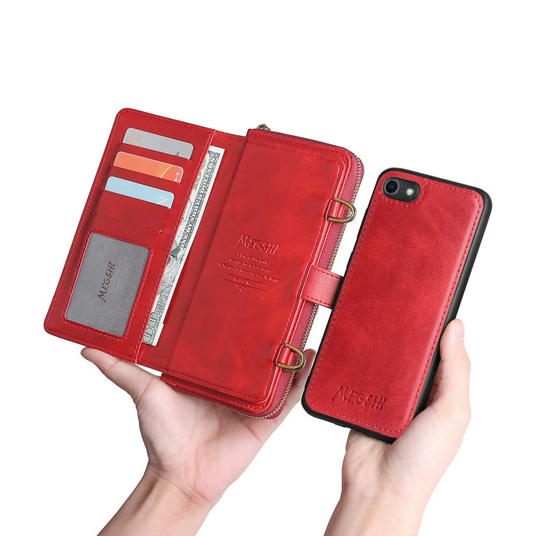 iPhone SE 2nd Gen Case iPhone 8 Case iPhone 7 Case Allytech PU Leather Stand Detachable Adjustable Shoulder Strap TPU Back Cover Cards Slots Wallet