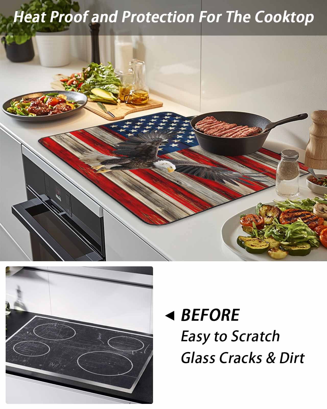 Stove Top Covers for Electric Stove, American Flag Glass Stovetop Cover Protector, Eagle Blue Red USA Flag Retro Induction Cooktop Protector Oven Mat for Kitchen Countertop 24"x21"