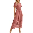 thumbnail image 4 of Neewe Robe Maxi d'Été pour Femmes, Ample, Unie, Col en V, Manches Courtes, Tunique, Taille Plissée, Décontractée, Longueur Cheville, Ourlet en Dentelle, 4 of 7